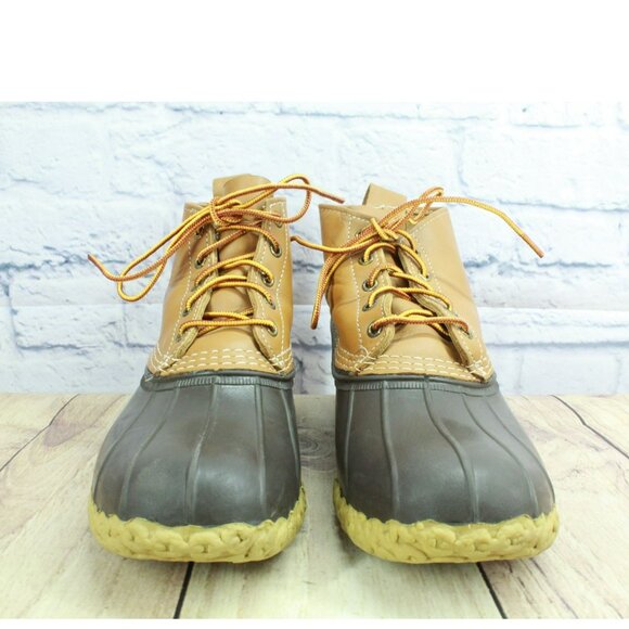 LL Bean Brown Leather Lace Up Round Toe Unlined Ankle Duck Boots Size 9 Wide - Picture 4 of 10